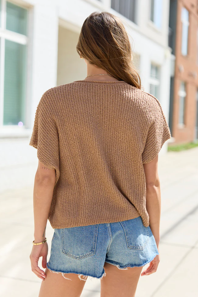 Alana Taupe Open Knit Short Sleeve Sweater - Image 4