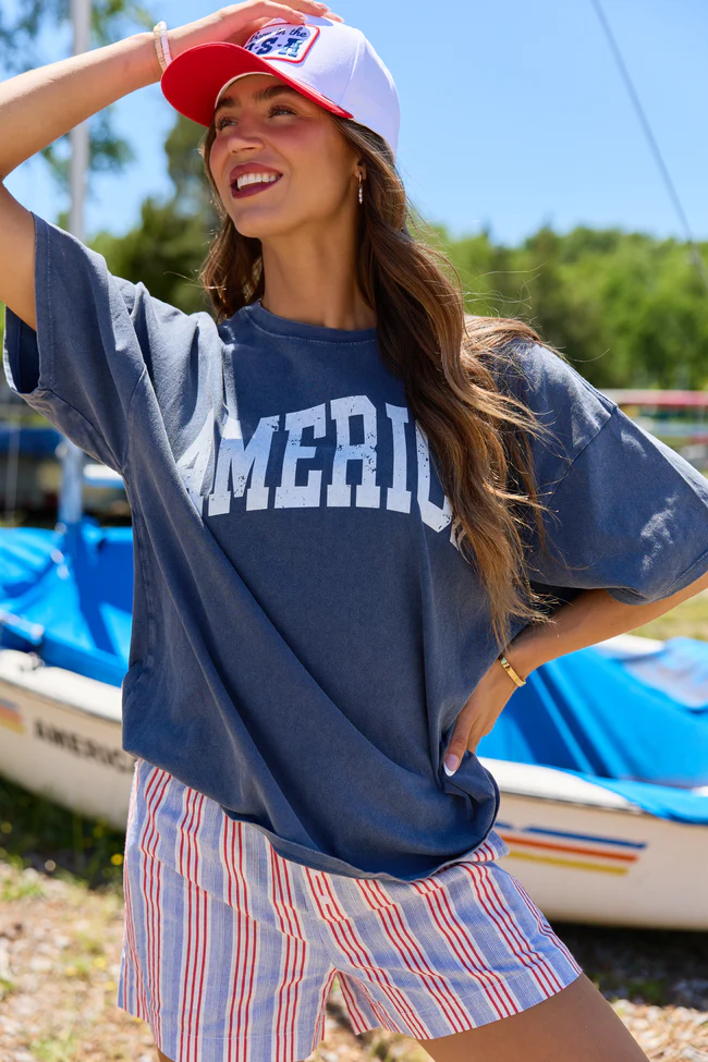 America Distressed Navy Oversized Graphic Tee - Image 4