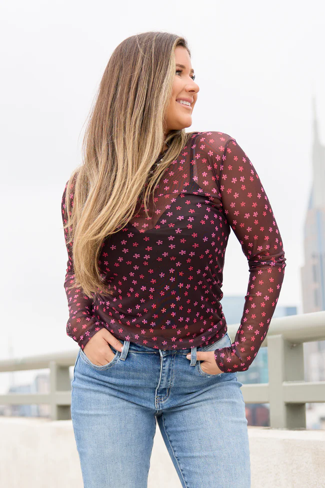 Ansley Long Sleeve Brown Floral Mesh Crewneck Top FINAL SALE