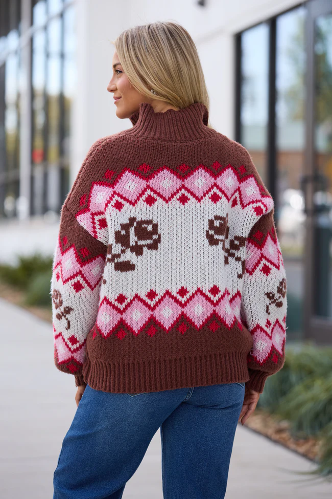 Ariana Brown And Pink Rose Fair Isle Full Zip Sweater FINAL SALE - Image 5