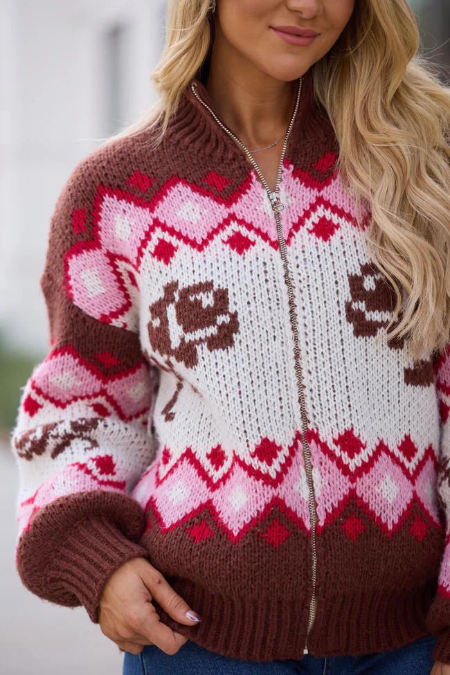 Ariana Brown And Pink Rose Fair Isle Full Zip Sweater FINAL SALE - Image 6