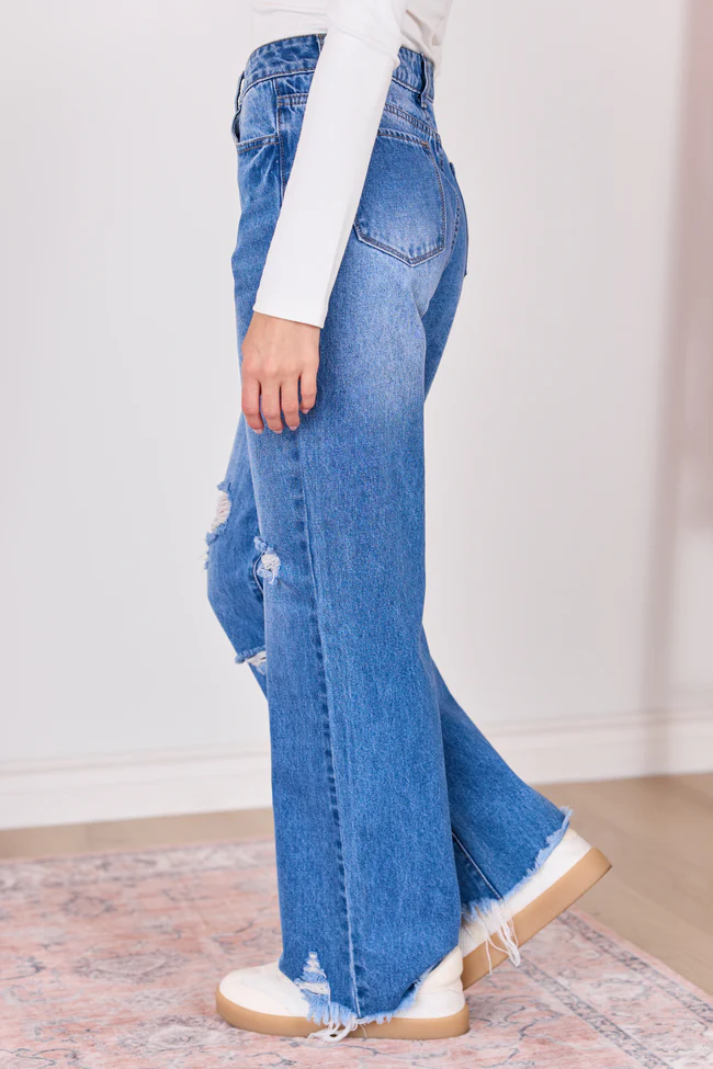 Ariel Medium Wash Distressed Wide Leg Jeans - Image 3