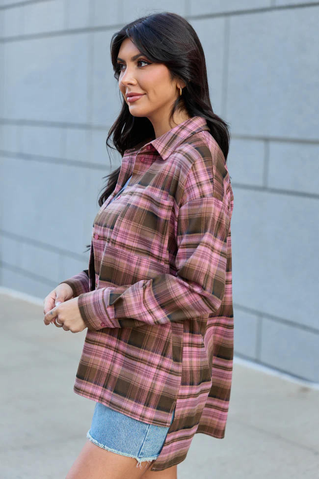 Autumn Pink And Brown Plaid Flannel Top FINAL SALE - Image 3
