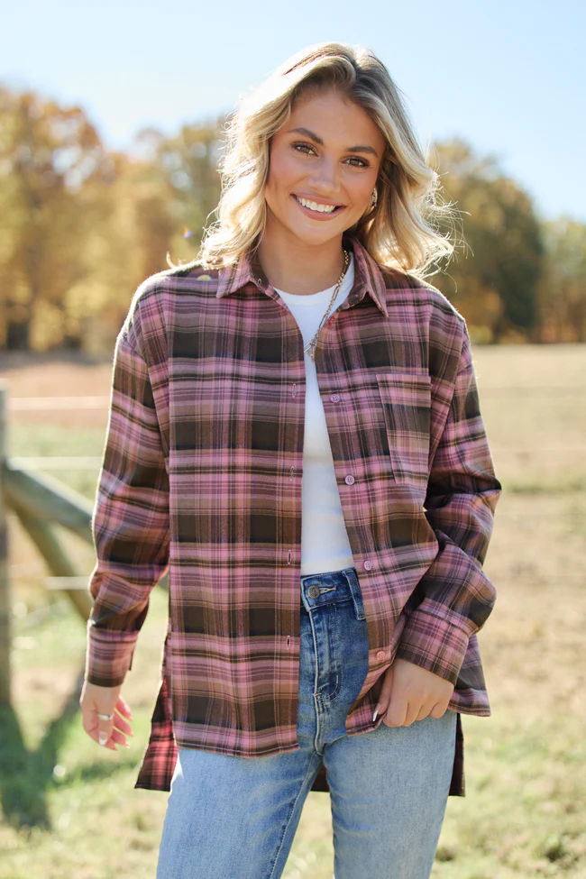 Autumn Pink And Brown Plaid Flannel Top FINAL SALE - Image 5