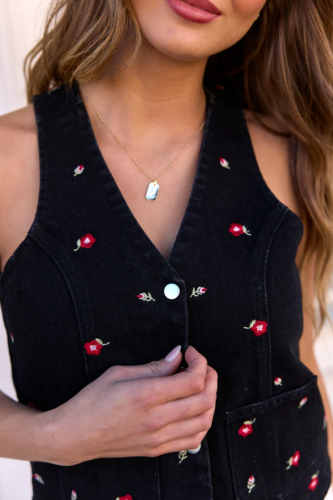 Beneath The Moon Floral Embroidered Stretch Denim Vest FINAL SALE - Image 6