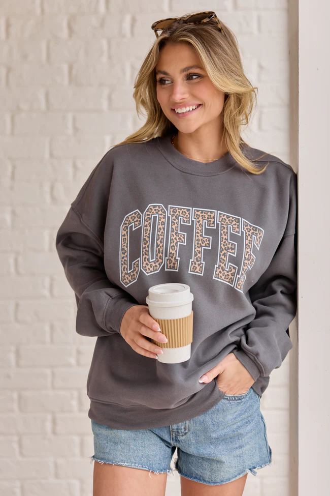 Coffee Leopard Print Dark Grey Graphic Sweatshirt - Image 3