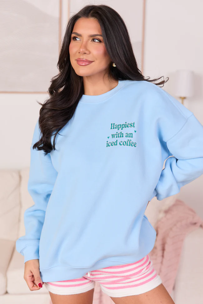 Happiest With An Iced Coffee Light Blue Graphic Sweatshirt - Image 2