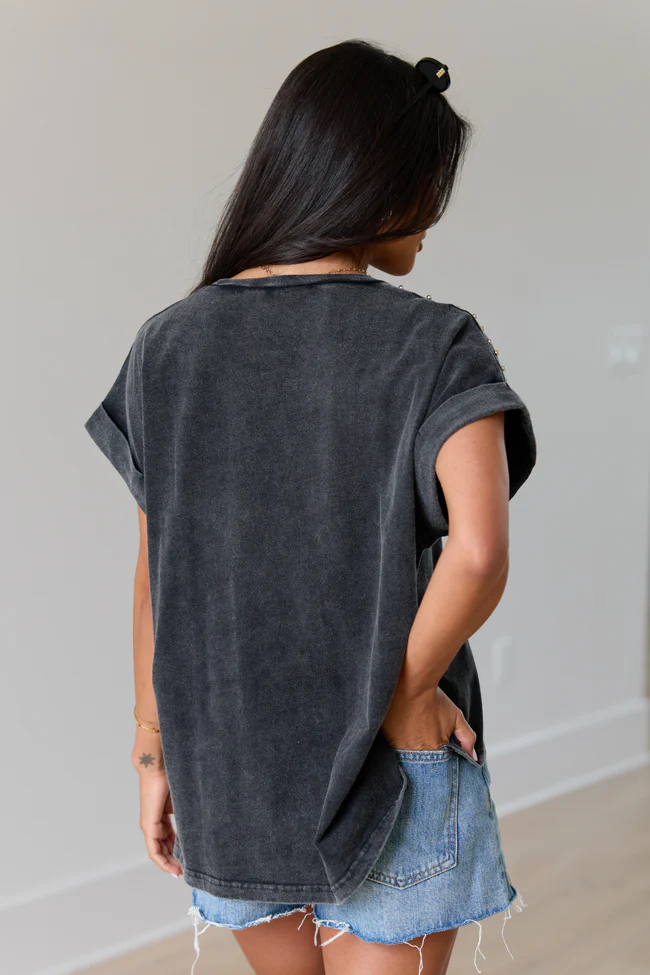 Kamryn Black Studded Acid Wash Tee - Image 5