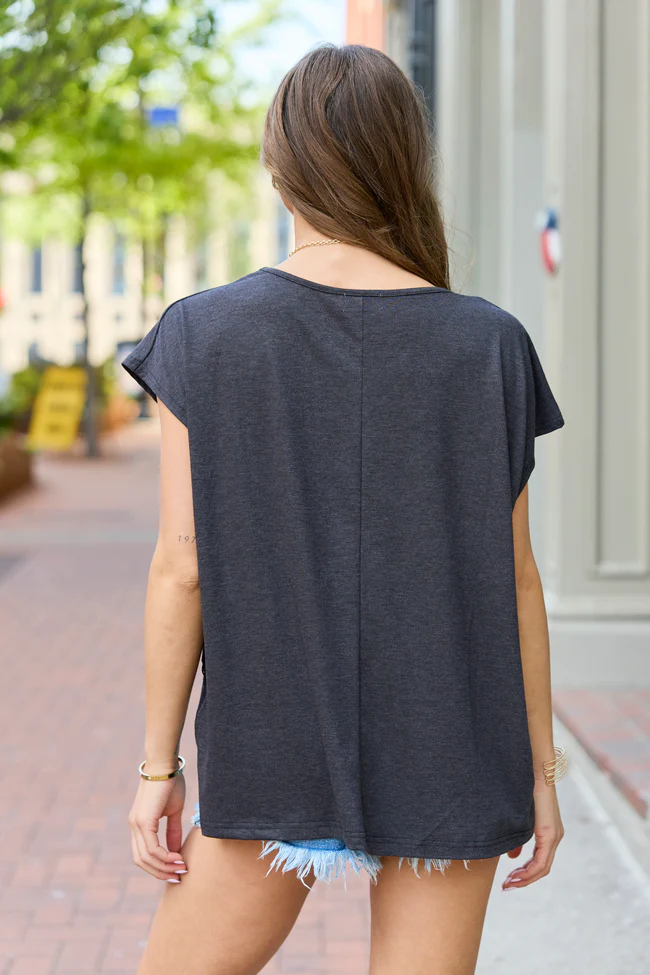 Karly Black Oversized Eyelet Trim V-Neck Tee - Image 5