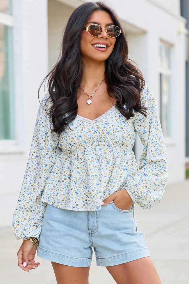 Kileigh Blue Floral Long Sleeve Babydoll Top