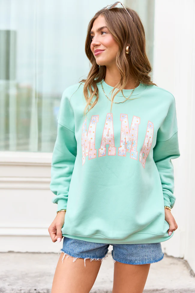 Mama Block Multi Daisy Mint Graphic Sweatshirt DOORBUSTER - Image 3