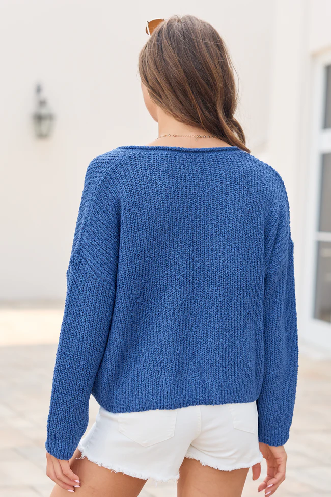Mckenzie Blue Open Knit V-Neck Sweater - Image 5