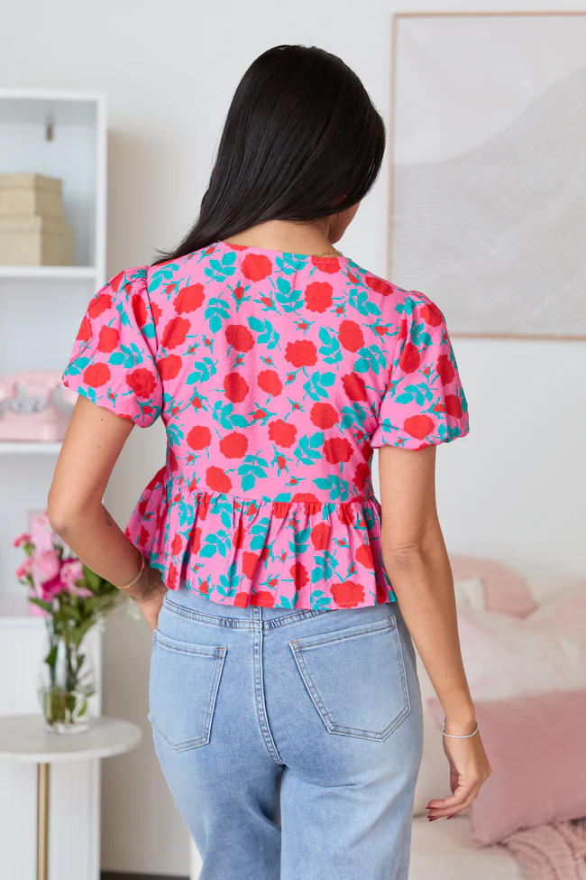 Mila Pink And Red Floral Tie Front Flounce Woven Blouse SALE - Image 5