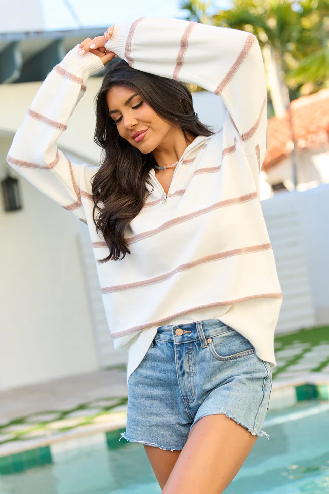 Sunday Stripe Club White And Taupe Quarter Zip - Image 4