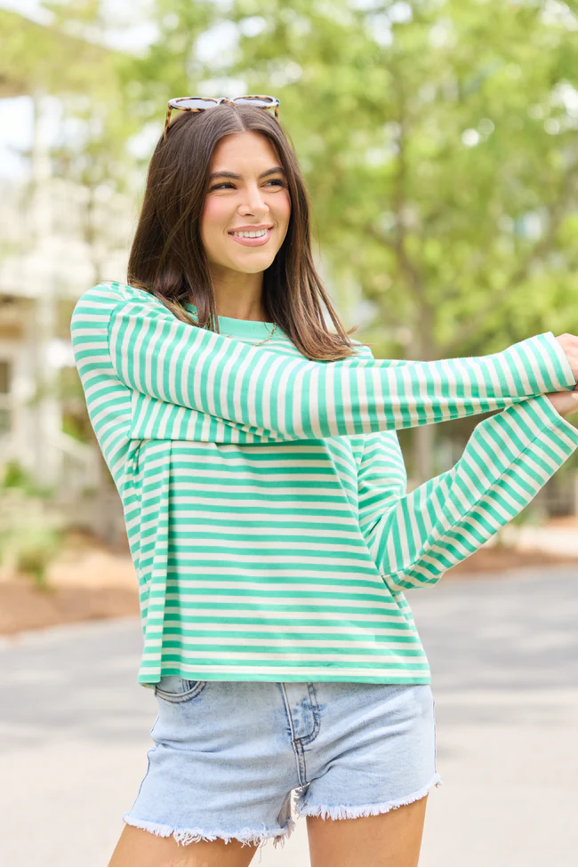 Nylah Green Striped Long Sleeve Crewneck Top - Image 3