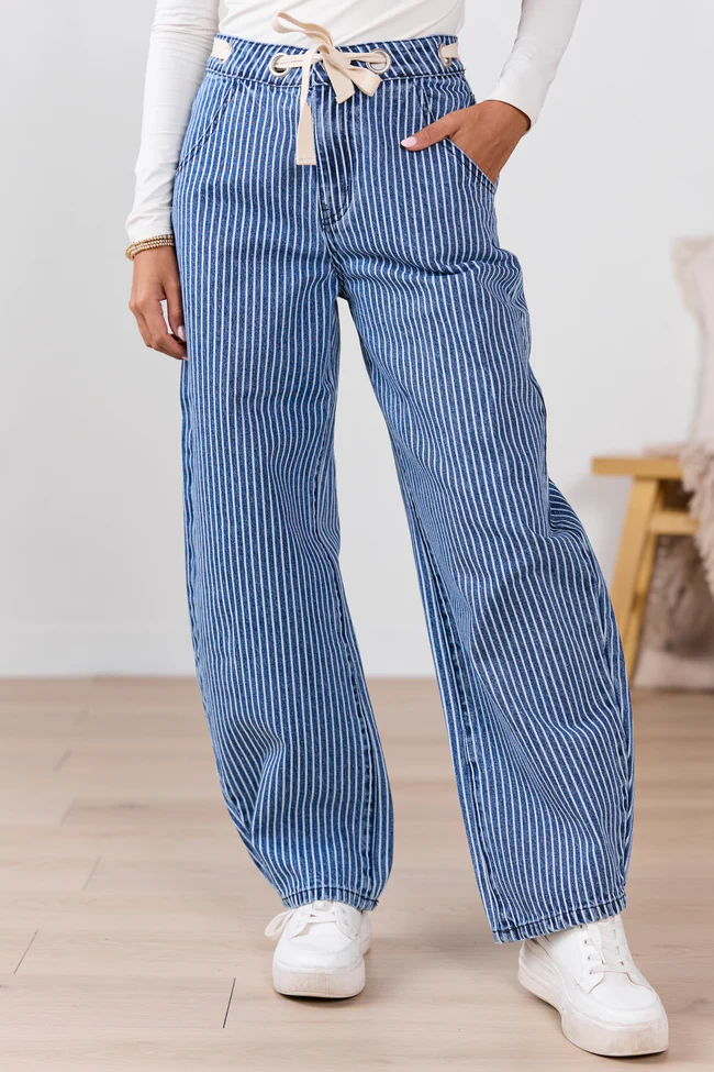 Olivia Navy Pinstripe Barrel Jeans SALE - Image 2