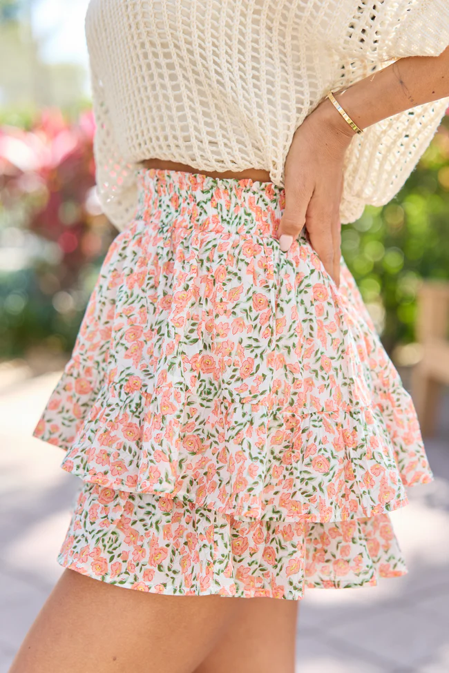 Pretty Moment Orange Multi Floral Print Tiered Mini Skort SALE - Image 3