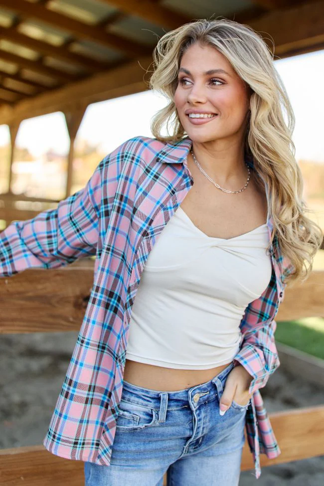 Rory Pink and Blue Plaid Flannel Button Down Top FINAL SALE - Image 3