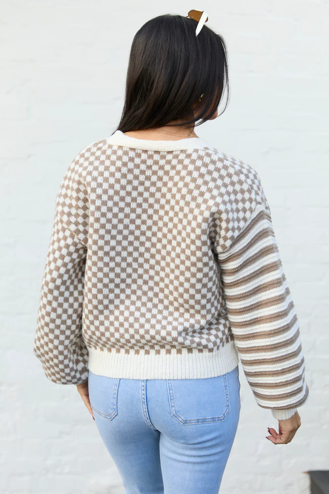 Samara Checkered And Stripes Brown And Cream Cardigan SALE - Image 4