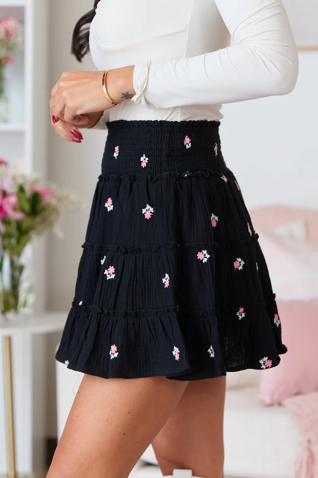Through The Garden Black Gauze Floral Mini Skort - Image 3