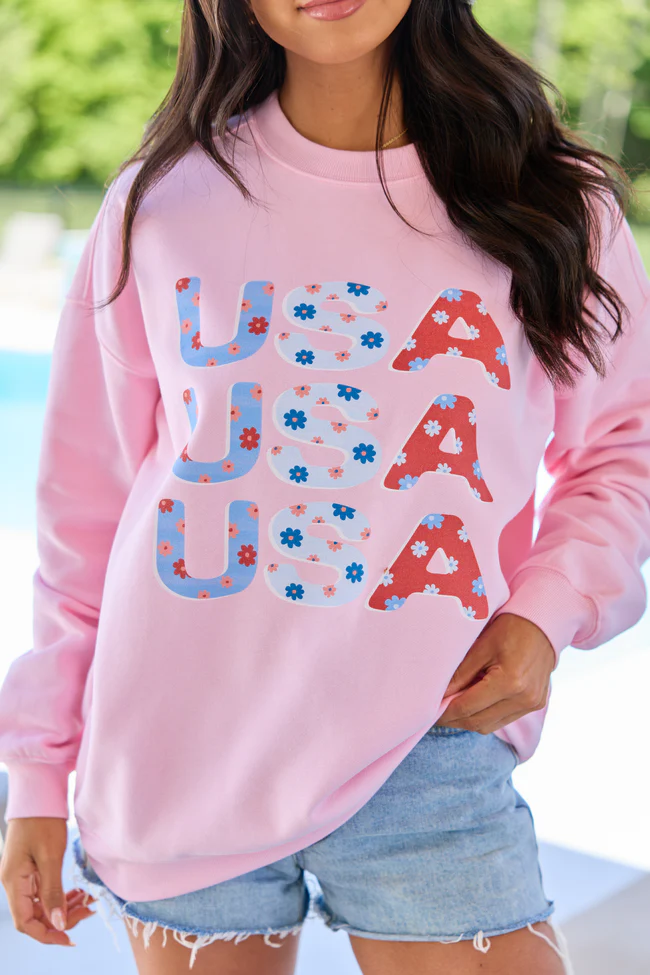 USA Floral Light Pink Oversized Graphic Sweatshirt DOORBUSTER - Image 2