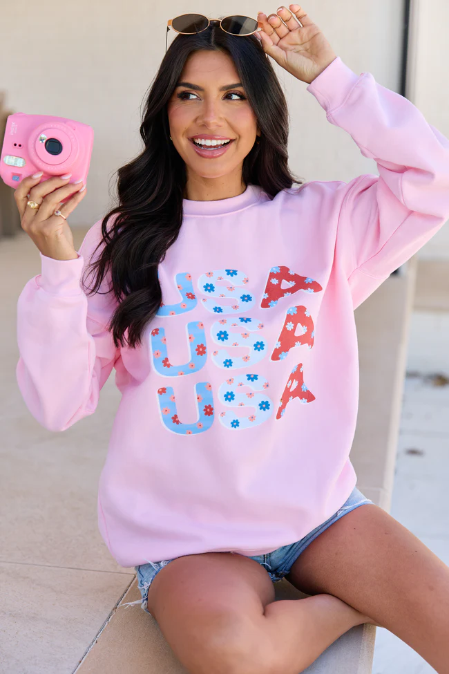 USA Floral Light Pink Oversized Graphic Sweatshirt DOORBUSTER - Image 6