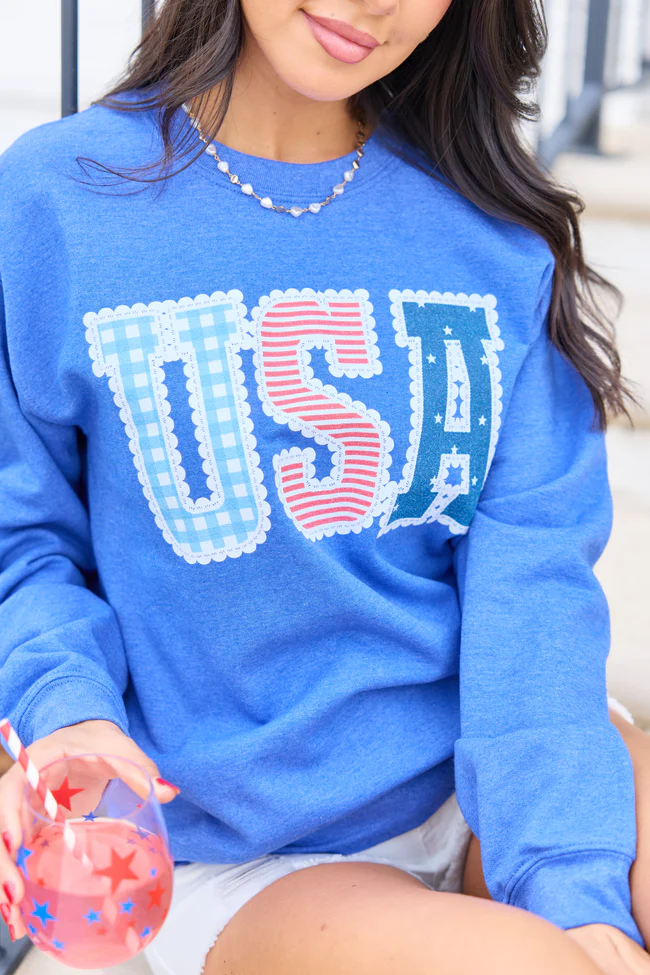 USA Lace Print Heather Blue Graphic Sweatshirt - Image 2