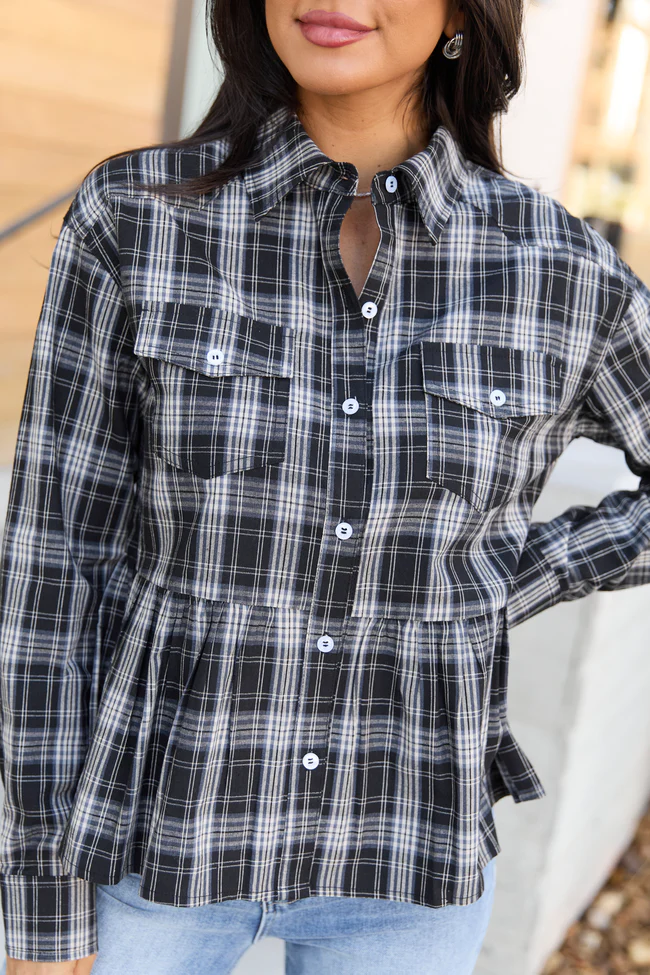 Yara Black Plaid Peplum Top FINAL SALE - Image 6